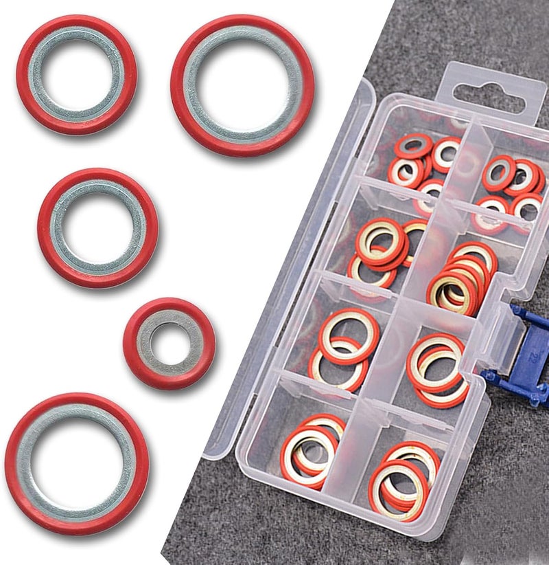 Arwrilt 30 PCS Car Air Conditioning Compressor Gasket kits, Bonded Seal Gasket, Air Conditioning Compressor Port Seal Washer, Universal A/C Gasket Assortment for Cars (Red) - Image 1